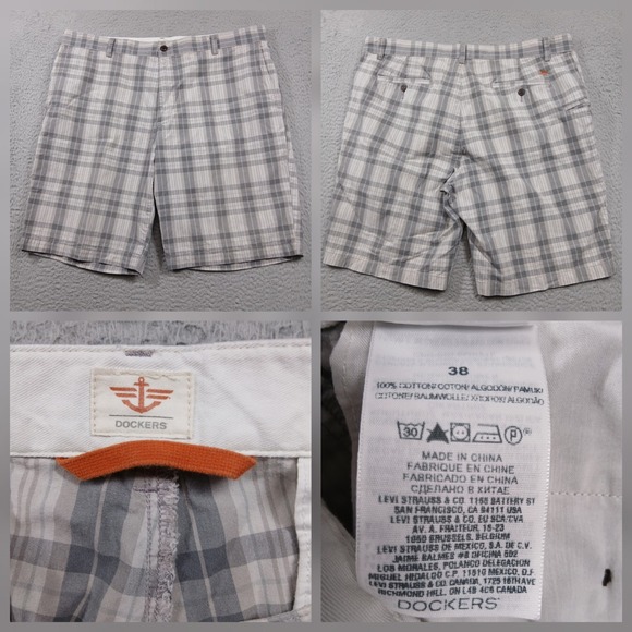 Dockers Other - Dockers Plaid Shorts Mens 38 Gray White Cotton Flat Front